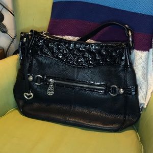 Brighton Black Pebbled & Patent Leather O-Ring Bag w/Mini Card Zip Case